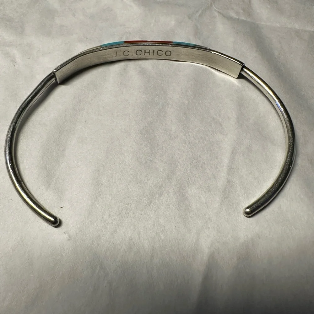 Vintage handmade Native American Zuni inlaid turquoise silver cuff bracelet - Picture 10 of 12